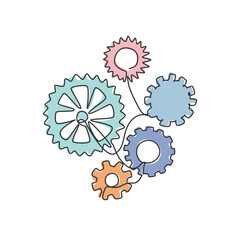 Poster - Single continuous line drawing of gear engine mechanic for logo label. Teamwork at industrial company logotype symbol template concept. Dynamic one line draw graphic vector illustration for cooperate