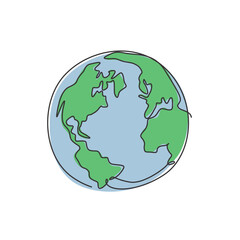 Poster - single continuous line drawing of global sphere of world globe for educational knowledge. planet log