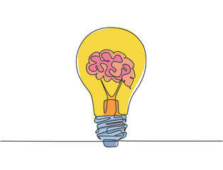 Poster - one single line drawing of clean lightbulb with human brain for medical company logo identity. creat