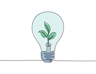 Poster - one continuous line drawing of clean lightbulb with green leaf organic plant inside icon logo emblem