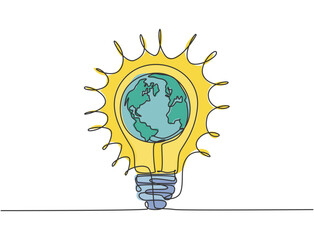 Poster - One continuous line drawing of sphere world globe inside bright shining lightbulb icon logo emblem. Creative symbol logotype template concept. Modern single line draw design graphic illustration