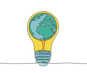 Poster - One single line drawing of sphere globe inside shining lightbulb for company logo identity. Thinking smart idea creative icon concept. Trendy continuous line draw design vector illustration