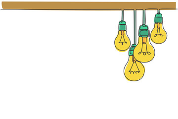 Poster - One continuous line drawing of hanging lightbulbs on house ceiling rooftop. Poster for wall decor interior design. Modern single line draw vector graphic illustration