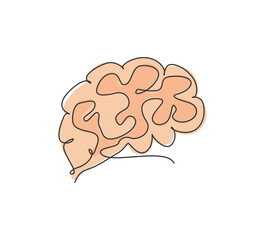 Poster - One single line drawing of brain from side view for memory supplement food company logo identity. Human organ icon concept for medical science. Trendy continuous line draw design vector illustration