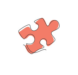 Poster - Single continuous line drawing of a puzzle piece for human creativity thinking process. Toy kids company logotype symbol template concept. Dynamic one line draw graphic vector illustration