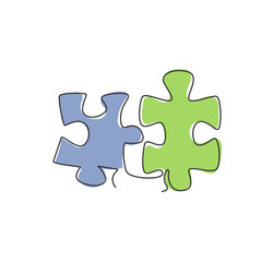 Poster - One single line drawing of puzzle pieces for connection company logo identity. Teamwork business icon concept from jigsaw shape. Trendy continuous line draw design vector illustration