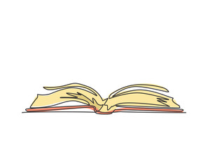 Poster - Single continuous line drawing of thick open book logo label. Campus library icon label concept. Trendy one line draw graphic design vector illustration