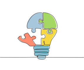 Poster - single continuous line drawing of part of puzzles forming bright light bulb logo label. team buildin