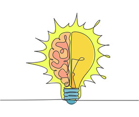 Poster - one continuous line drawing of half human brain and half light bulb logo emblem. genius psychologica