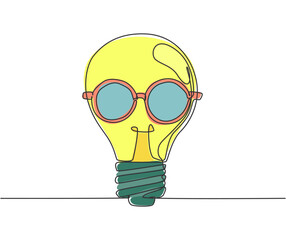 Poster - Single continuous line drawing of light bulb with round old glasses logo label. Smart bright company icon label concept. Trendy one line draw graphic design vector illustration