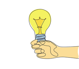 Poster - One continuous line drawing of human hand hold light bulb logo emblem. Power up electricity logotype icon template concept. Modern single line draw graphic design vector illustration