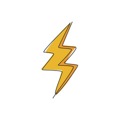 Poster - Single continuous line drawing of thunder light bolt logo label. Energy power up lightening icon label concept. Modern one line draw graphic design vector illustration