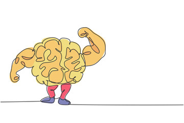 Poster - One continuous line drawing of strong muscular brain human shows muscle logo icon. Smart health for fitness center logotype symbol template concept. Trendy single line draw design vector illustration