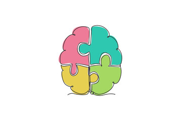 Poster - One single line drawing of human braid forming from piece of puzzles logo identity. Smart psychological office icon logotype concept. Dynamic continuous line draw design vector graphic illustration