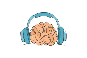 Poster - Single continuous line drawing of human brain listening music beat for musical company logo label. Smart audio dj logotype icon concept. Modern one line draw graphic design vector illustration