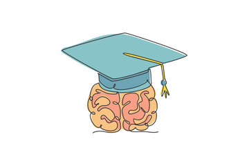 Poster - Single continuous line drawing of human brain wearing graduation cap logo label. Academical study course logotype icon concept. Modern one line draw graphic design vector illustration