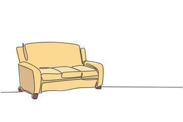Poster - Single continuous line drawing of luxury comfortable sofa household furniture. Living room couch home appliance concept. Modern one line draw design graphic vector illustration