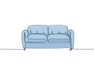 Poster - One continuous line drawing of luxury leather sofa home appliance. Comfy couch for living room furniture household template concept. Trendy single line draw design vector graphic illustration