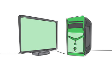 Fototapete - Single continuous line drawing of cpu computer and screen monitor for supporting business. Electronic small home business equipment concept. Modern one line draw design graphic vector illustration