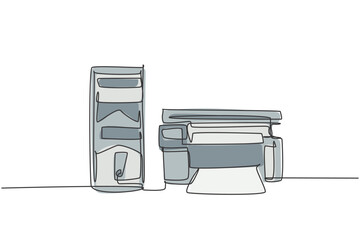 Fototapete - One single line drawing of cpu computer and printer to support business at company. Electricity small home office equipment tools concept. Dynamic continuous line draw vector design illustration