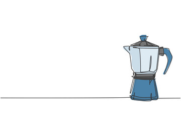 Poster - One single line drawing of coffeepot above the table at cafe. Electricity coffee drink maker tools concept. Dynamic continuous line graphic draw vector design illustration