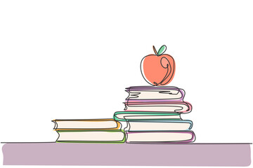 Poster - continuous one line drawing of apple above books stack minimalist vector illustration design on whit