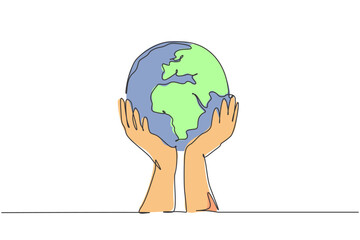 Poster - single one line drawing of man holding global earth. save nature icon silhouette concept. infographi