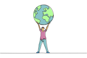 Poster - continuous one line drawing of man holding globe earth minimalist vector illustration design on whit