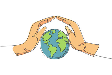 Poster - single one line drawing of hand protect earth. nature icon silhouette for environment concept. infog