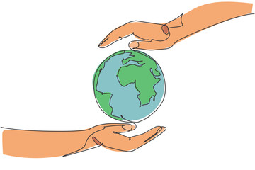 Poster - hand hold globe earth. single continuous line world global map graphic icon. simple one line doodle 