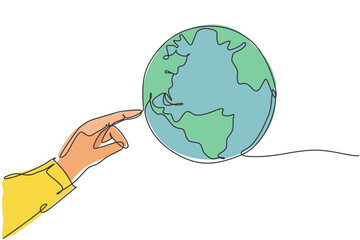 Poster - finger touch globe earth. single continuous line world global map graphic icon. simple one line dood