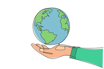 Poster - Single one line drawing of hands hold round earth. Globe icon silhouette for world protect concept. Infographics, business presentation isolated on white background. Design vector graphic illustration