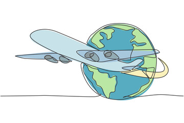 Poster - Airplane around the earth. Single continuous line world traveling graphic icon. Simple one line doodle for holiday vacation concept. Isolated vector illustration minimalist design on white background