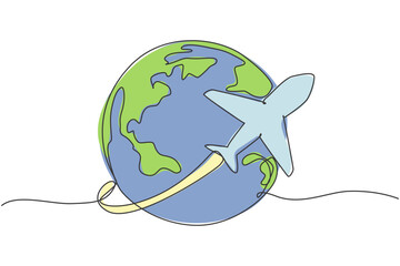 Poster - Single one line drawing of airplane fly through the sky. Globe icon silhouette for tours and travel concept. Infographics, business presentation on white background. Design vector graphic illustration