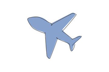 Poster - Single one line drawing of flying airplane. Transportation icon silhouette for education concept. Travel business presentation clipart isolated on white background. Design vector graphic illustration