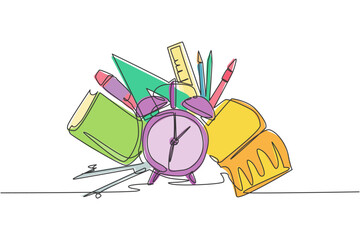 Poster - single continuous line drawing of alarm clock with book, pencil, pen, ruler, compass set. back to sc