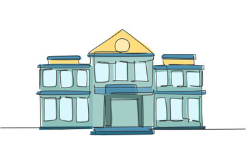 Poster - single continuous line drawing of second story elementary school building. back to school minimalist
