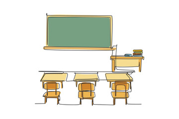 Poster - continuous one line drawing interior design at school classroom with white board. back to school han