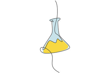 Poster - single continuous line drawing of flask glass for experiment liquid on laboratory. back to school mi