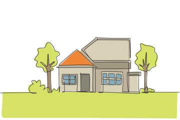Poster - single continuous line drawing green eco modest house at village. home building construction isolate