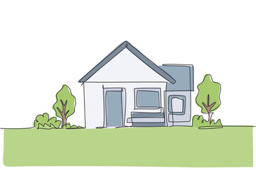 Poster - Continuous one line drawing of green little house with garden trees at village. Nature home architecture hand drawn minimalist concept. Modern single line draw design vector graphic illustration