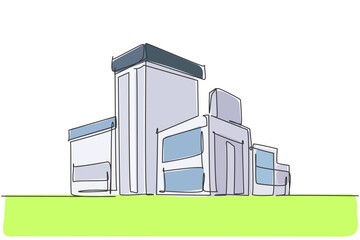 Poster - Single continuous line drawing of luxury big modern house at city. Home architectural building isolated minimalism concept. Dynamic one line draw graphic design vector illustration on white background