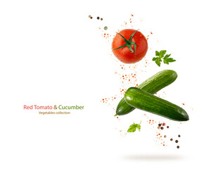 Wall Mural - Whole ripe juicy red tomato with water drops, cucumbers, parsley leaf and peppers isolated on white