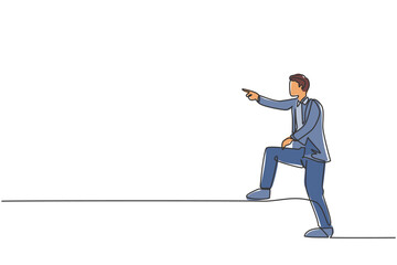 Poster - single continuous line drawing young business man pointing finger forward while step up on stairs. p