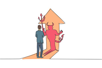 Poster - Single continuous line drawing of young evil worker facing his devil shadow on the wall. Bad character businessman. Minimalism concept dynamic one line draw graphic design vector illustration