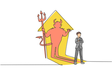 Poster - Continuous one line drawing of young evil businessman standing with devil shadow at behind. Bad business manager minimalist concept. Trendy single line draw design vector graphic illustration