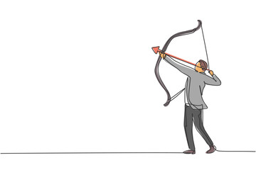 Poster - Single one line drawing of young smart business man focus take an arrow bow to hit target. Archery business manager minimal concept. Modern continuous line draw design graphic vector illustration