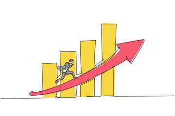 Poster - Single continuous line drawing of young worker running fast on increasing arrow sign. Professional businessman work ethic. Minimalism concept dynamic one line draw graphic design vector illustration