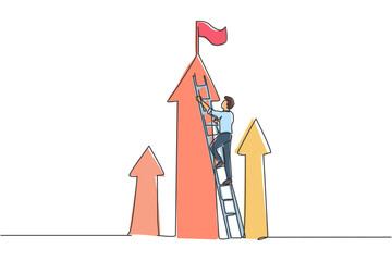 Poster - Continuous one line drawing young male worker climbing stairs up to reach business goal target. Success business manager minimalist concept. Trendy single line draw design vector graphic illustration