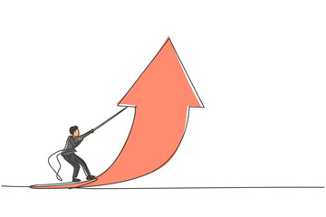 Poster - single continuous line drawing of young business man lifting arrow up to increase business growth. p